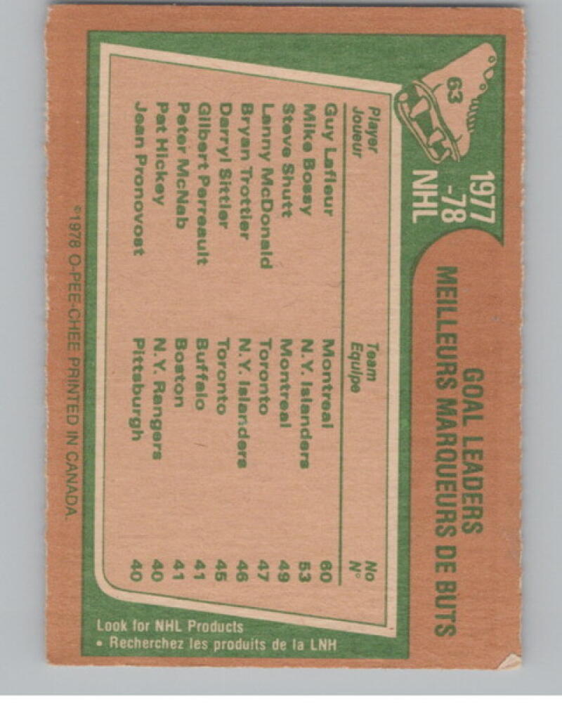 1978-79 O-Pee-Chee #63 Goal Leaders/Guy Lafleur/Mike Bossy/Steve Shutt V105017 Image 2
