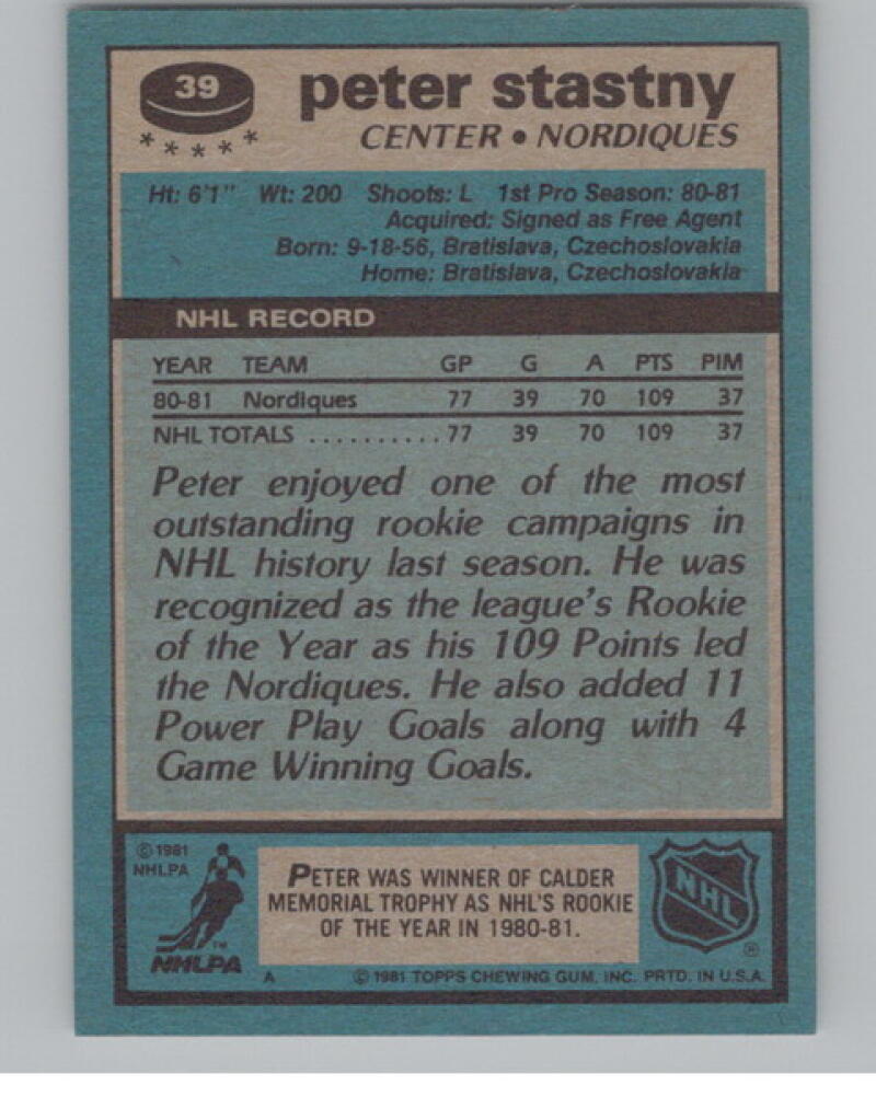 1981-82 Topps #39 Peter Stastny RC Rookie V105018 Image 2