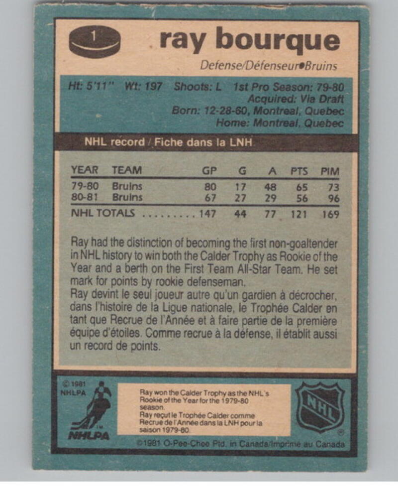 1981-82 O-Pee-Chee #1 Ray Bourque Hockey Bruins V105019 Image 2