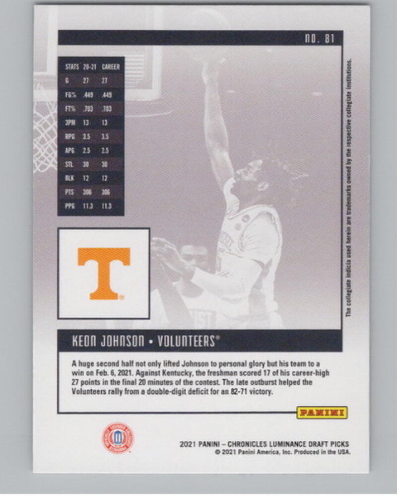 2021-22 Chronicles Draft Picks Luninance #81 Keon Johnson Rookie V105031 Image 2