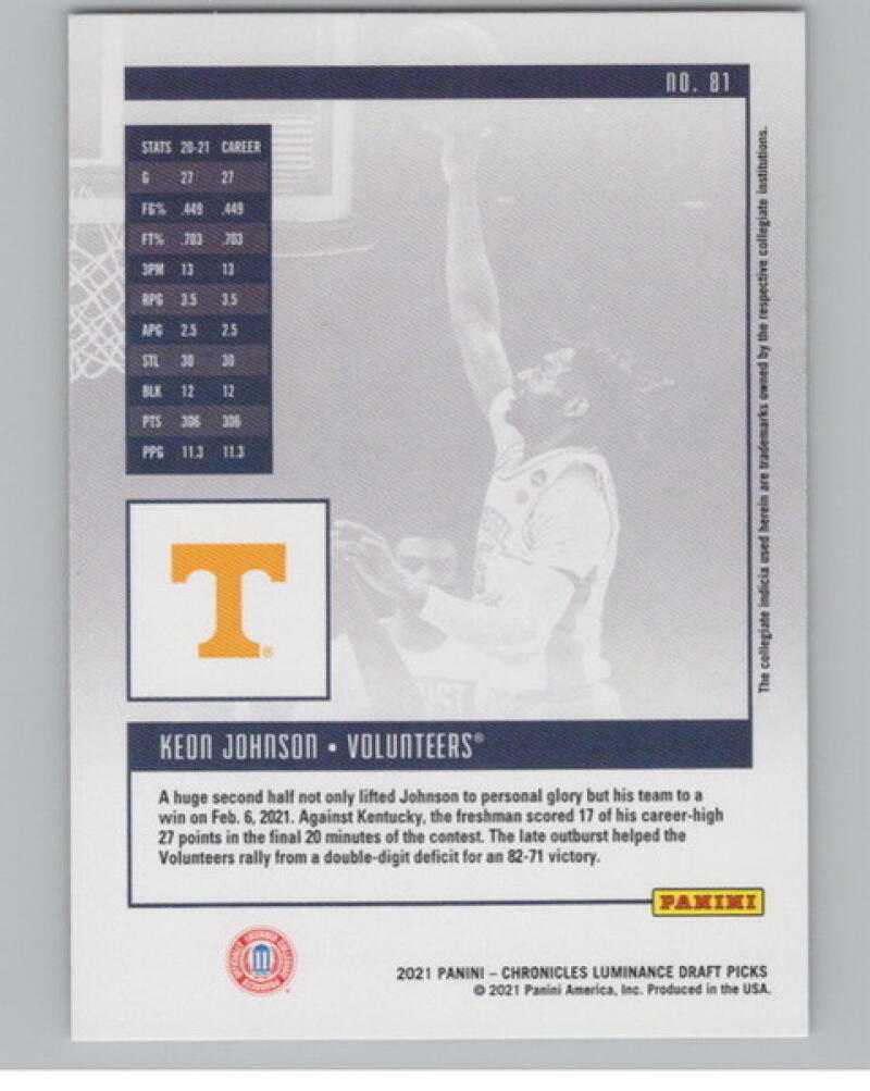 2021-22 Chronicles Draft Picks Luninance #81 Keon Johnson Rookie V105032 Image 2