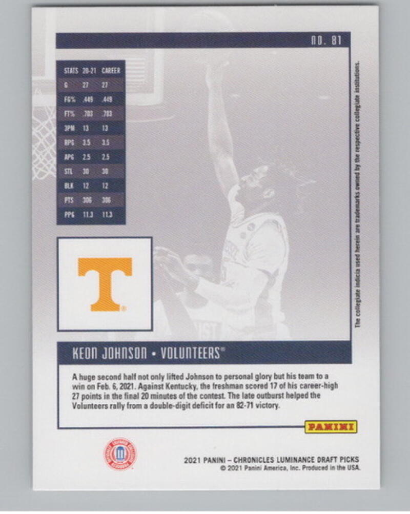 2021-22 Chronicles Draft Picks Luninance #81 Keon Johnson Rookie V105033 Image 2