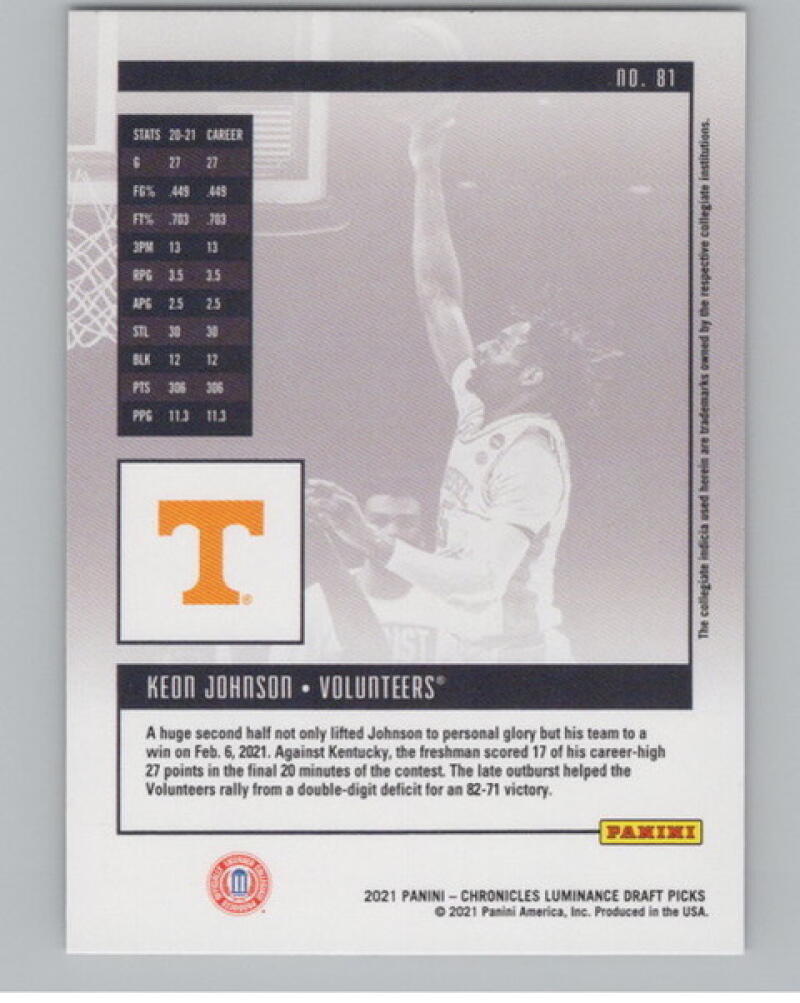 2021-22 Chronicles Draft Picks Luminance #81 Keon Johnson Rookie V105034 Image 2