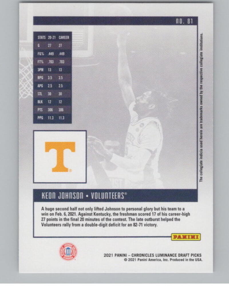 2021-22 Chronicles Draft Picks Luminance #81 Keon Johnson Rookie V105035 Image 2