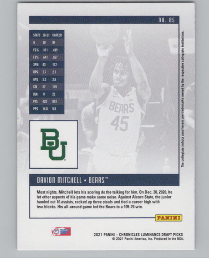 2021-22 Chronicles Draft Picks Luminance #85 Davion Mitchell Rookie V105037 Image 2