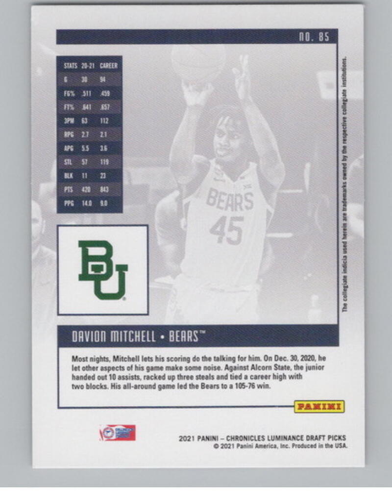 2021-22 Chronicles Draft Picks Luminance #85 Davion Mitchell Rookie V105038 Image 2