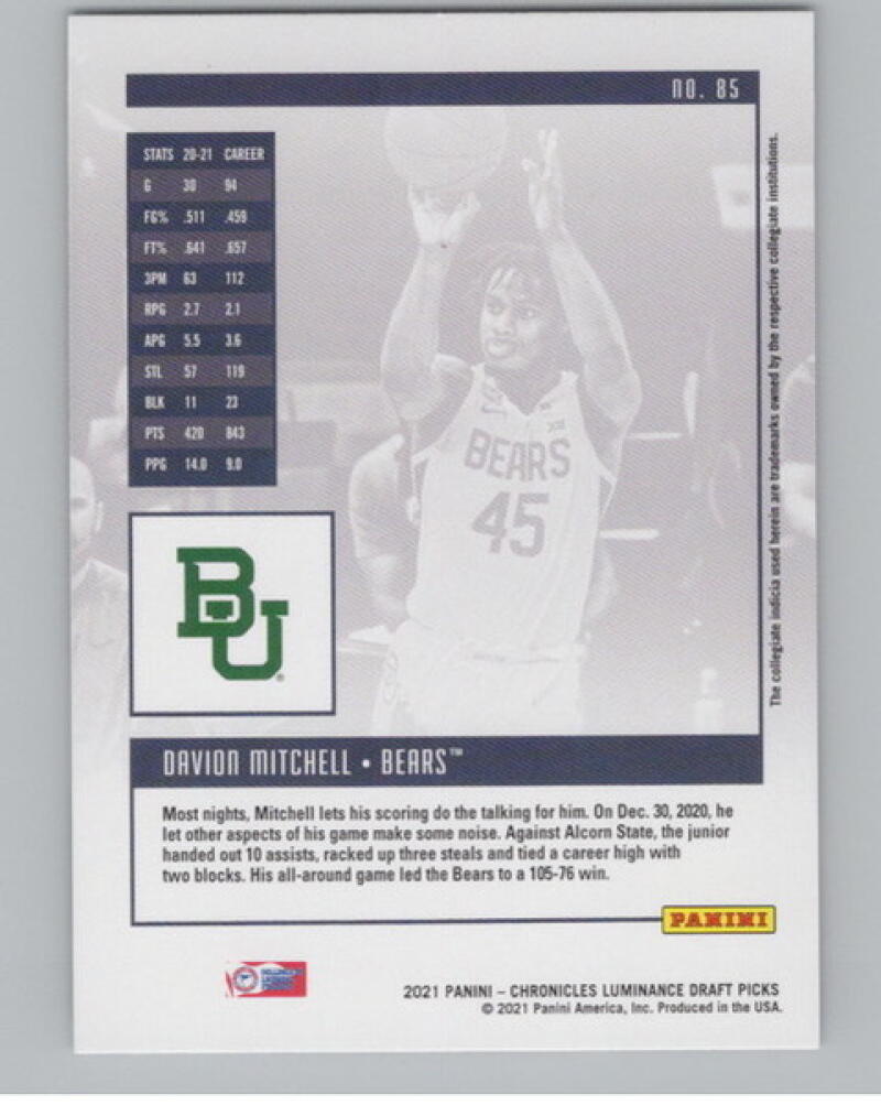 2021-22 Chronicles Draft Picks Luminance #85 Davion Mitchell Rookie V105039 Image 2