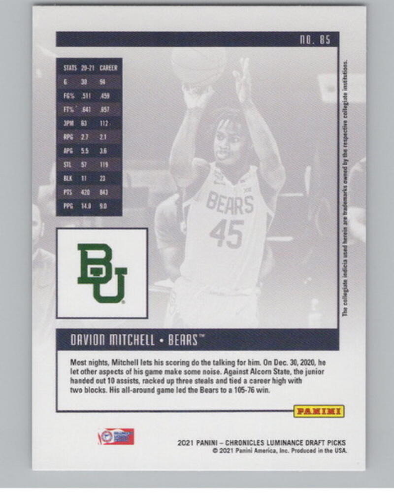 2021-22 Chronicles Draft Bronze Luminance #85 Davion Mitchell Rookie V105040 Image 2