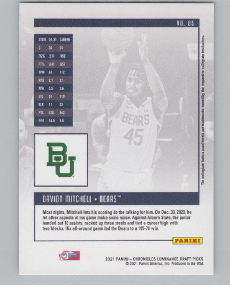 2021-22 Chronicles Draft Picks Luminance #85 Davion Mitchell Rookie V105041 Image 2