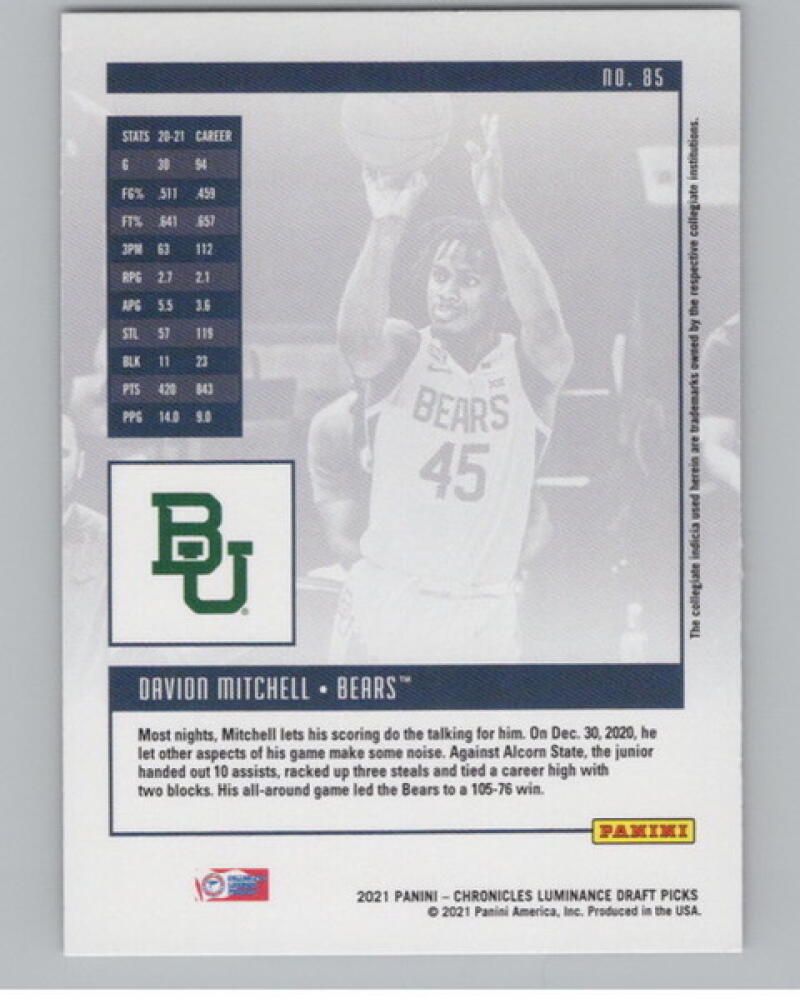 2021-22 Chronicles Draft Picks Luminance #85 Davion Mitchell Rookie V105042 Image 2