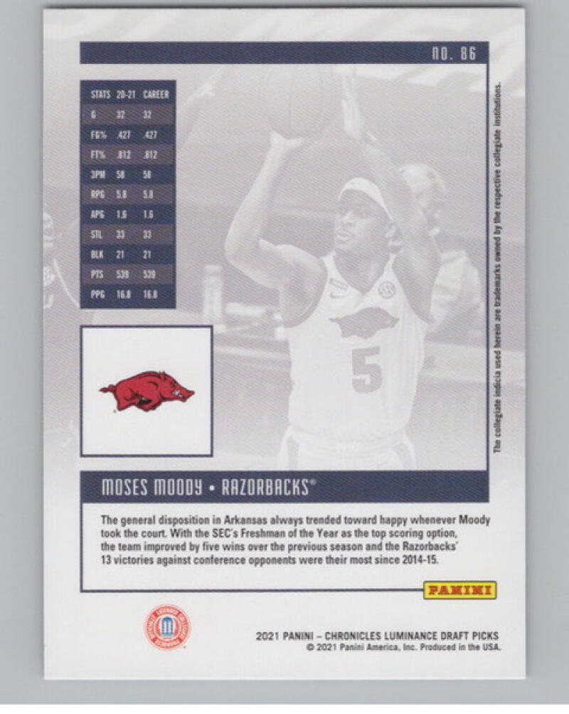 2021-22 Chronicles Draft Picks Luminance #86 Moses Moody Rookie V105043 Image 2