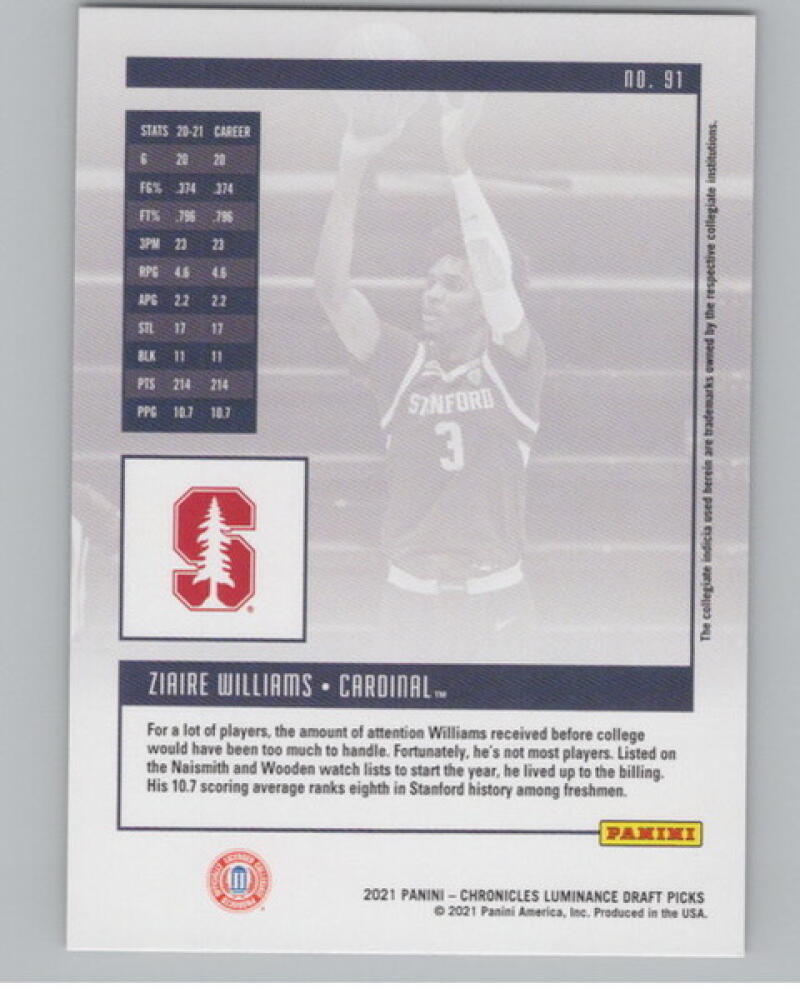2021-22 Chronicles Draft Picks Luminance #91 Ziaire Williams Rookie V105051 Image 2