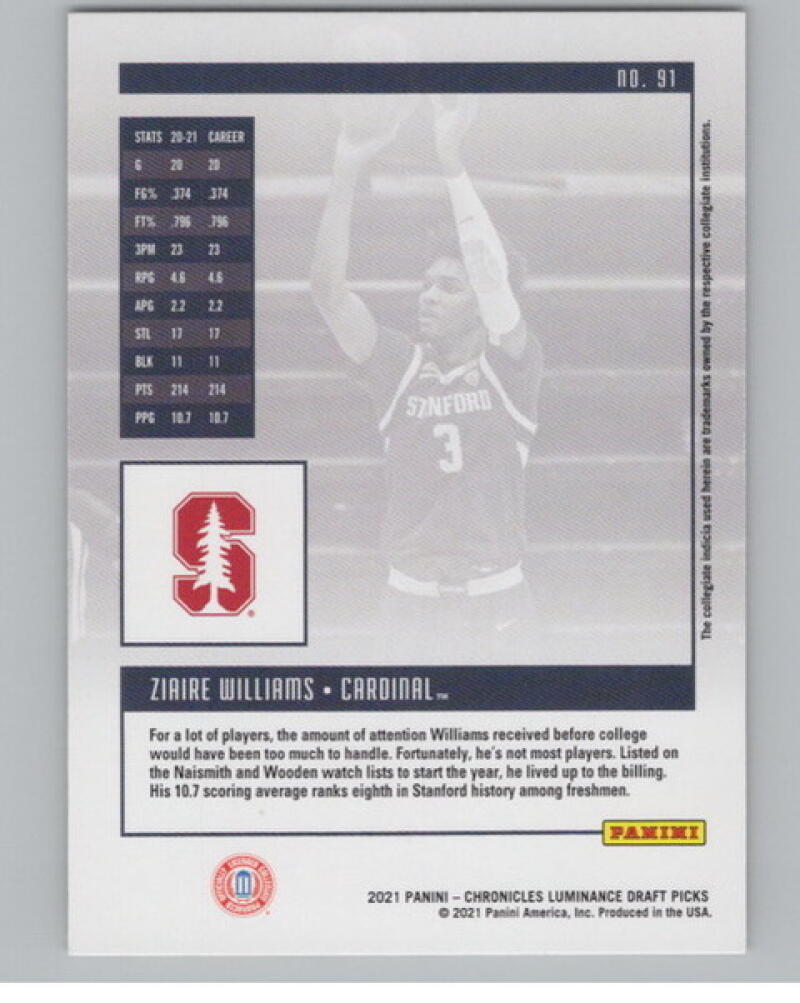 2021-22 Chronicles Draft Picks Luminance #91 Ziaire Williams Rookie V105052 Image 2