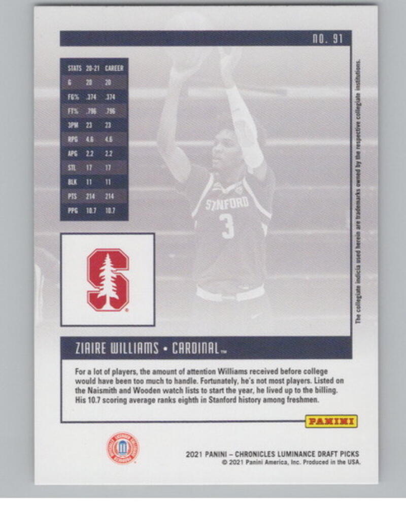 2021-22 Chronicles Draft Picks Luminance #91 Ziaire Williams Rookie V105053 Image 2