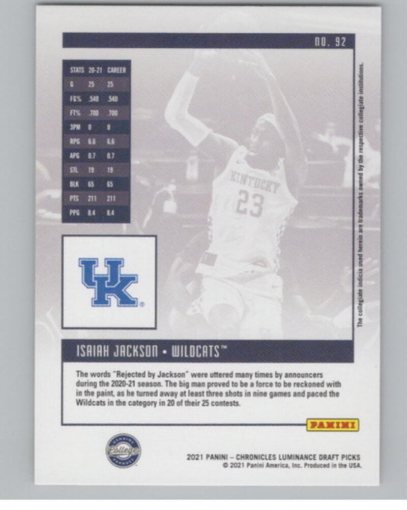 2021-22 Chronicles Draft Picks Luminance #92 Isaiah Jackson Rookie V105054 Image 2