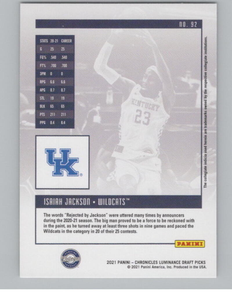 2021-22 Chronicles Draft Picks Luminance #92 Isaiah Jackson Rookie V105055 Image 2