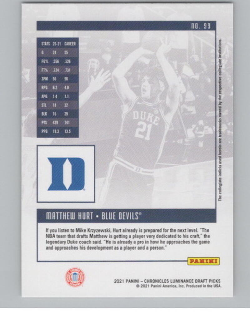 2021-22 Chronicles Draft Picks Luminance #99 Matt Hurt Rookie V105069 Image 2