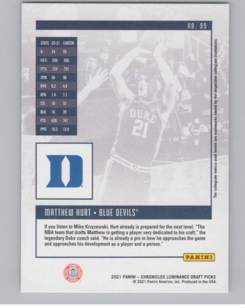 2021-22 Chronicles Draft Picks Luminance #99 Matt Hurt Rookie V105070 Image 2