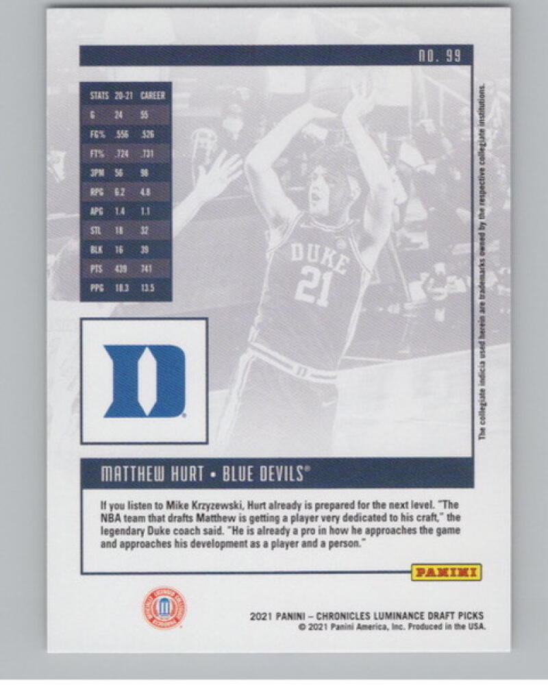 2021-22 Chronicles Draft Picks Luminance #99 Matt Hurt Rookie V105071 Image 2