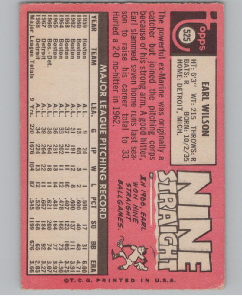 1969 Topps #525 Earl Wilson Baseball Card V105078 Image 2