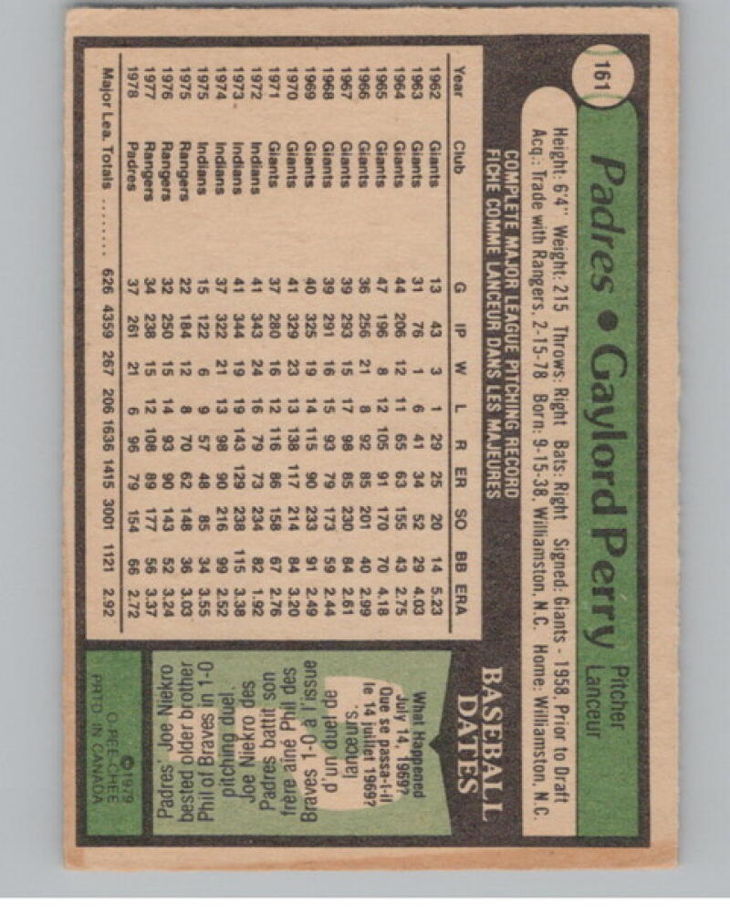 1979 O-Pee-Chee #161 Gaylord Perry Baseball Card V105086 Image 2