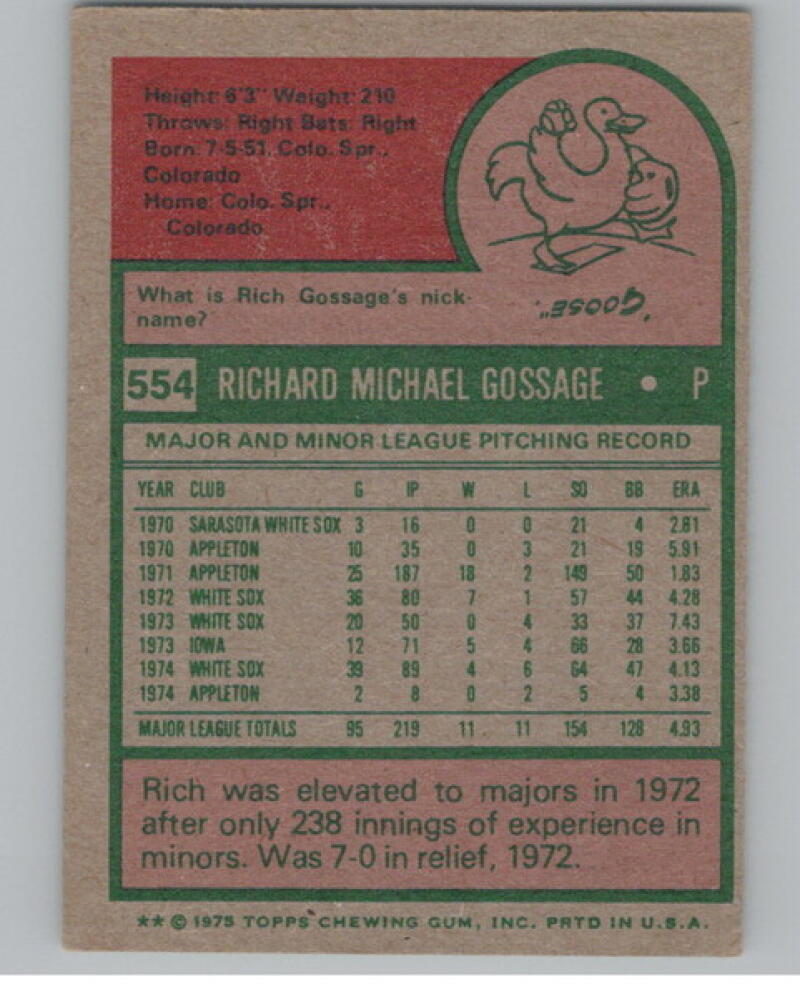 1975 Topps #554 Goose Gossage Baseball Card V105088 Image 2