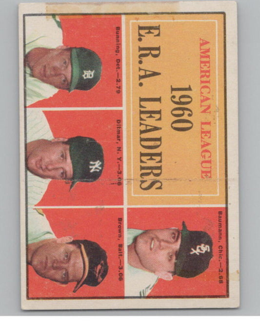 1961 Topps #46 AL ERA Leaders/Baumann/Bunning/Ditmar/Brown Baseball V105088 Image 1