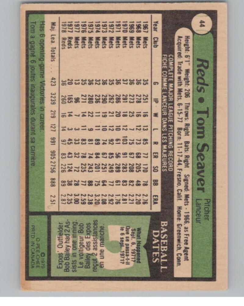 1979 O-Pee-Chee #44 Tom Seaver Baseball Card V105091 Image 2