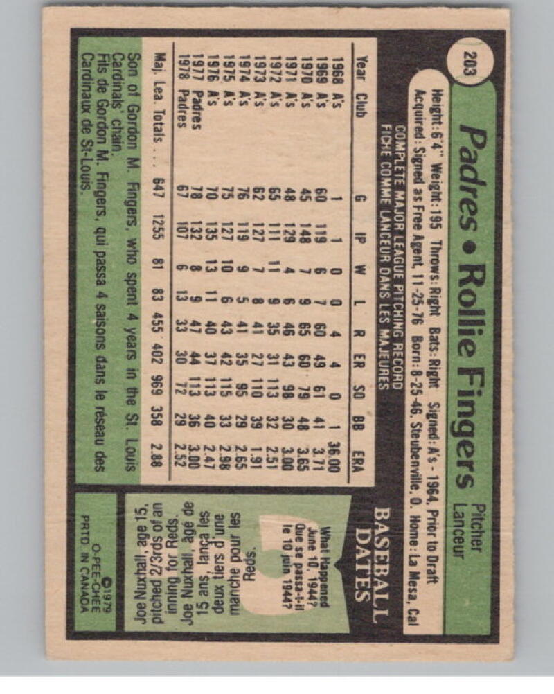 1979 O-Pee-Chee #203 Rollie Fingers Baseball Card V105092 Image 2