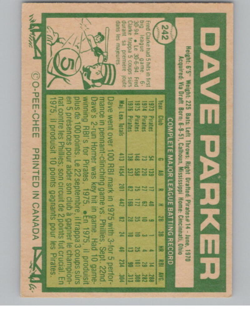 1977 O-Pee-Chee #242 Dave Parker Baseball Card V105093 Image 2