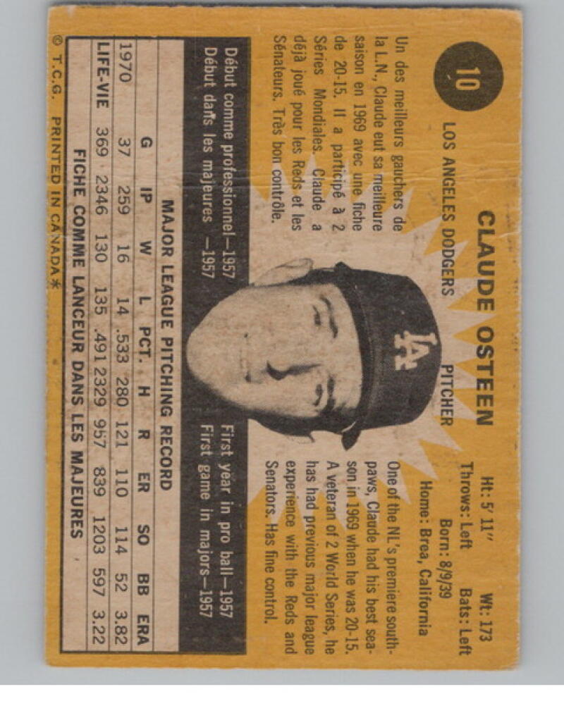 1971 Topps #10 Claude Osteen Baseball Card  V105099 Image 2