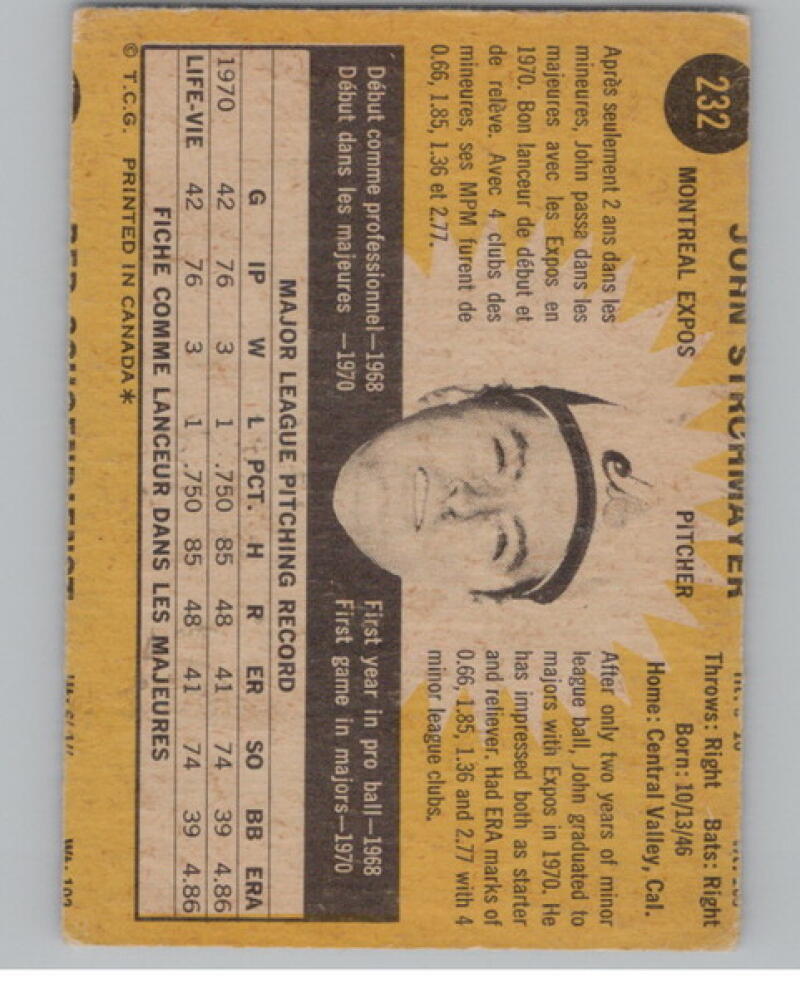 1971 Topps #232 John Strohmayer RC Rookie Baseball Card  V105101 Image 2