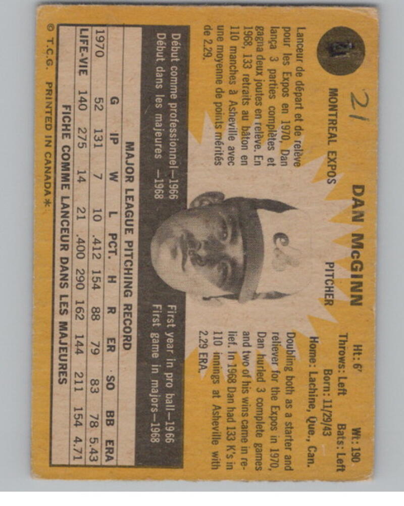 1971 Topps #21 Dan McGinn Baseball Card  V105102 Image 2