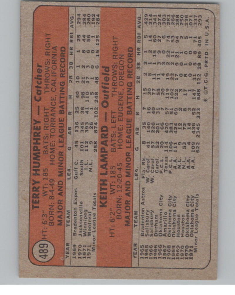 1972 Topps #489 Rookie Stars/Terry Humphrey RC/Keith Lampard Baseball V105104 Image 2