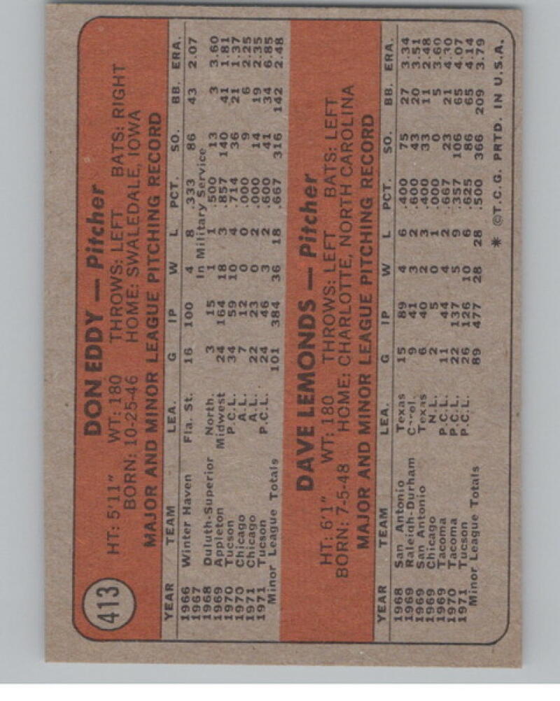 1972 Topps #413 Rookie Stars/Don Eddy RC/Dave Lemonds Baseball V1051055 Image 2