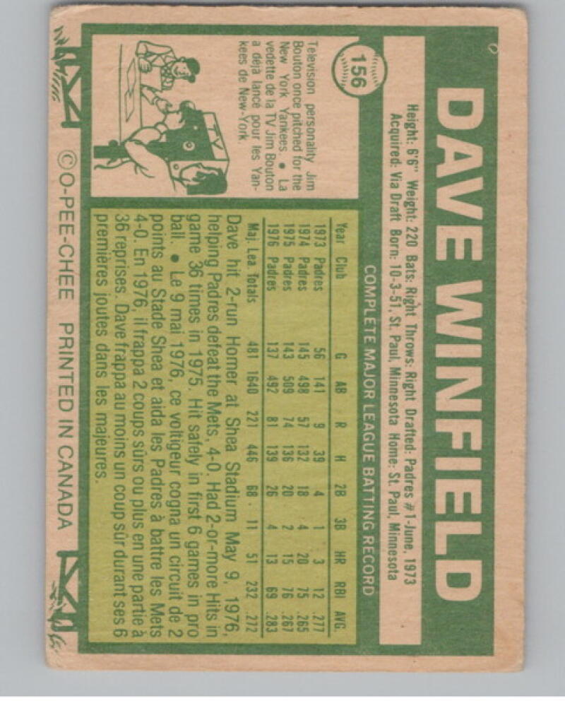 1977 O-Pee-Chee #156 Dave Winfield Baseball V105107 Image 2