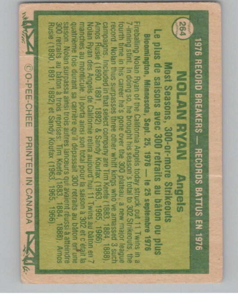1977 O-Pee-Chee #264 Nolan Ryan RB/Most Seasons 300/More Strikeout V105108 Image 2