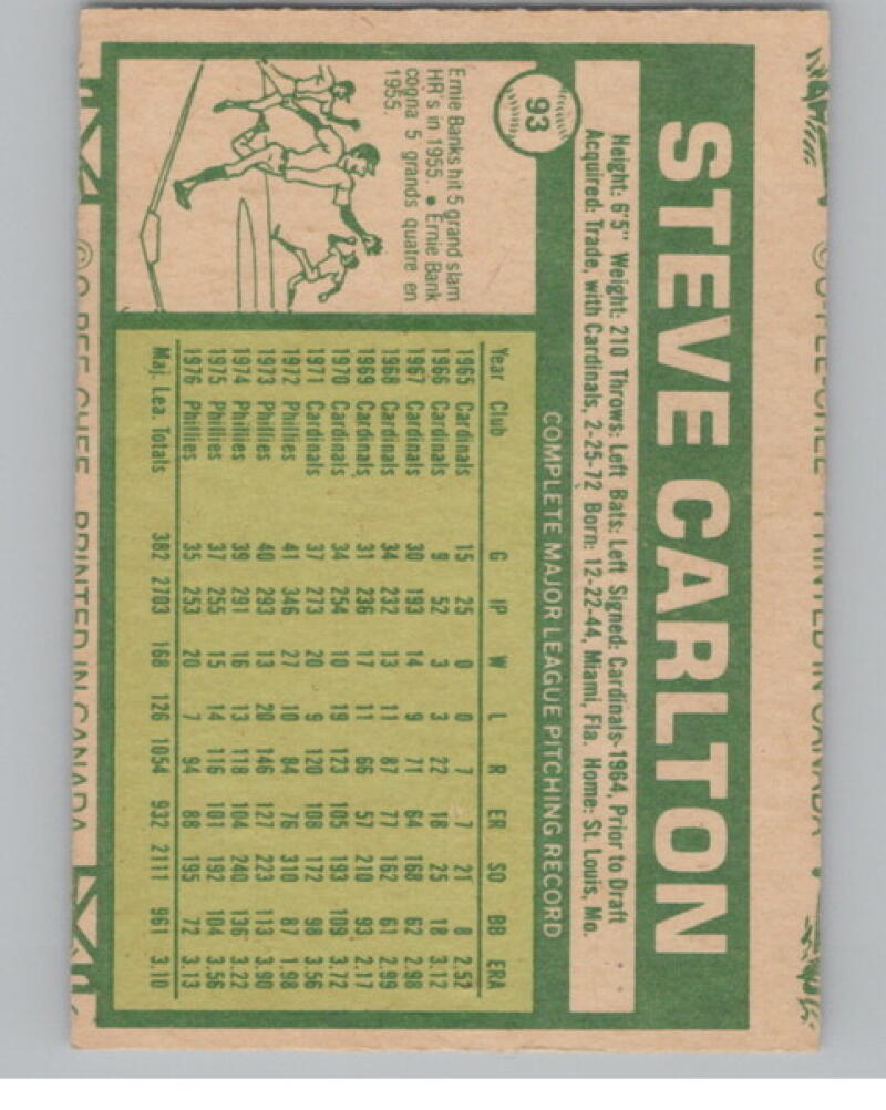 1977 O-Pee-Chee #93 Steve Carlton Baseball Card V105109 Image 2