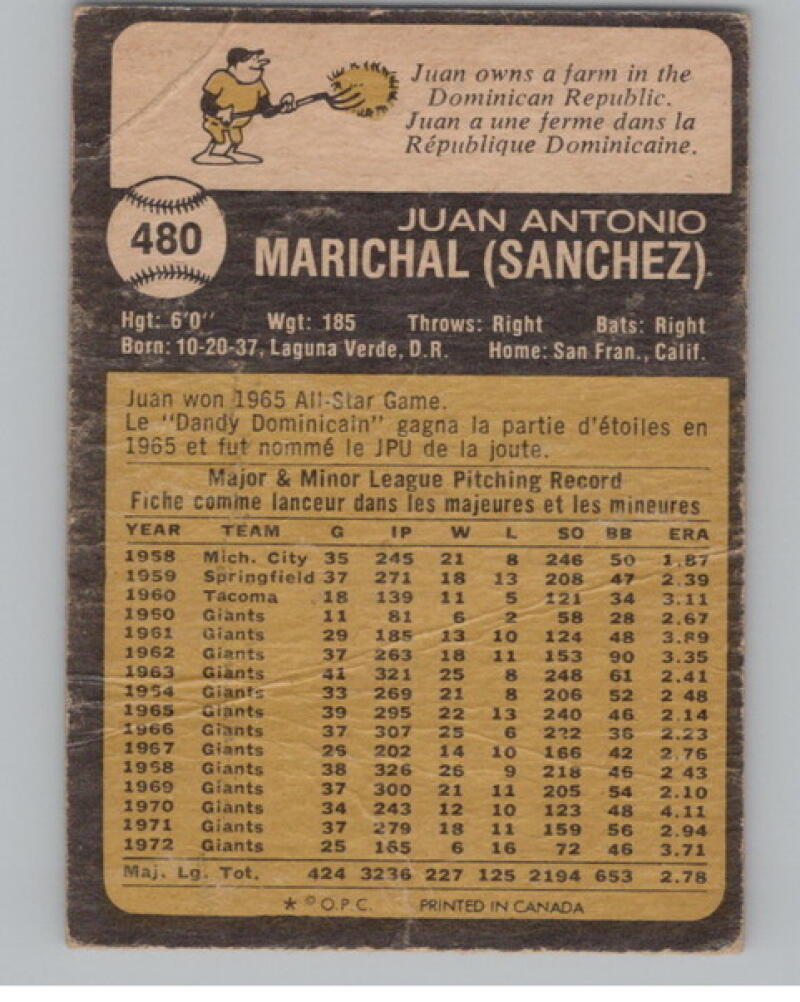 1973 O-Pee-Chee #480 Juan Marichal Baseball Card V105111 Image 2