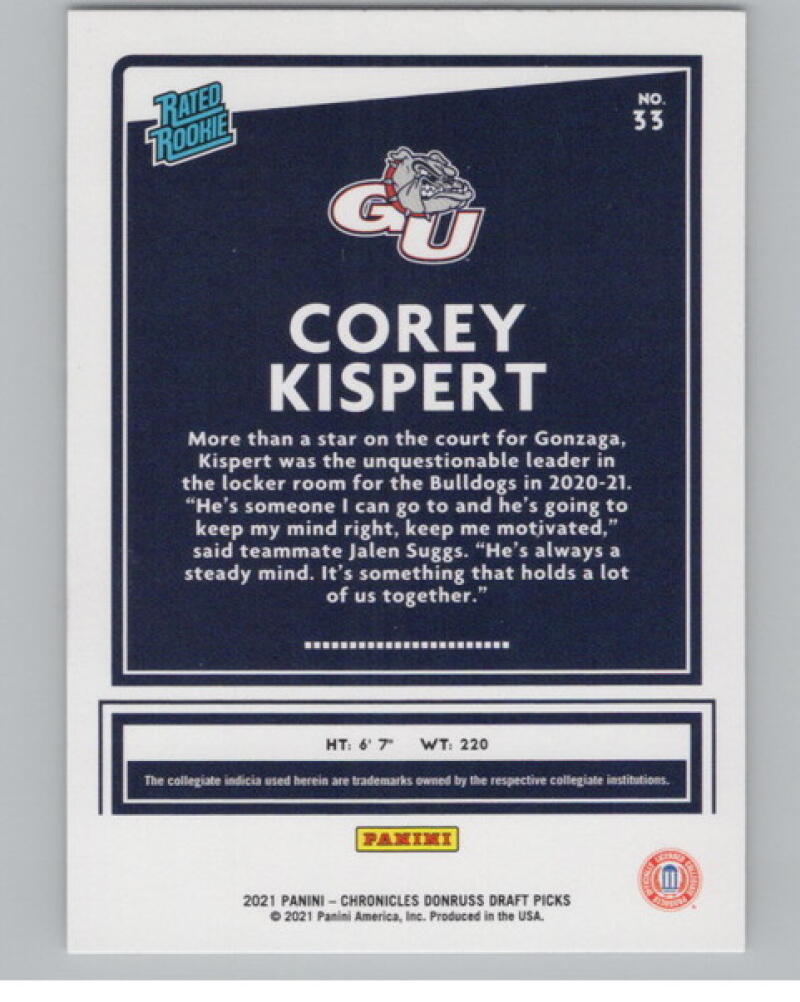 2021-22 Panini Chronicles Donruss Draft Picks #33 Corey Kispert Rookie V105118 Image 2