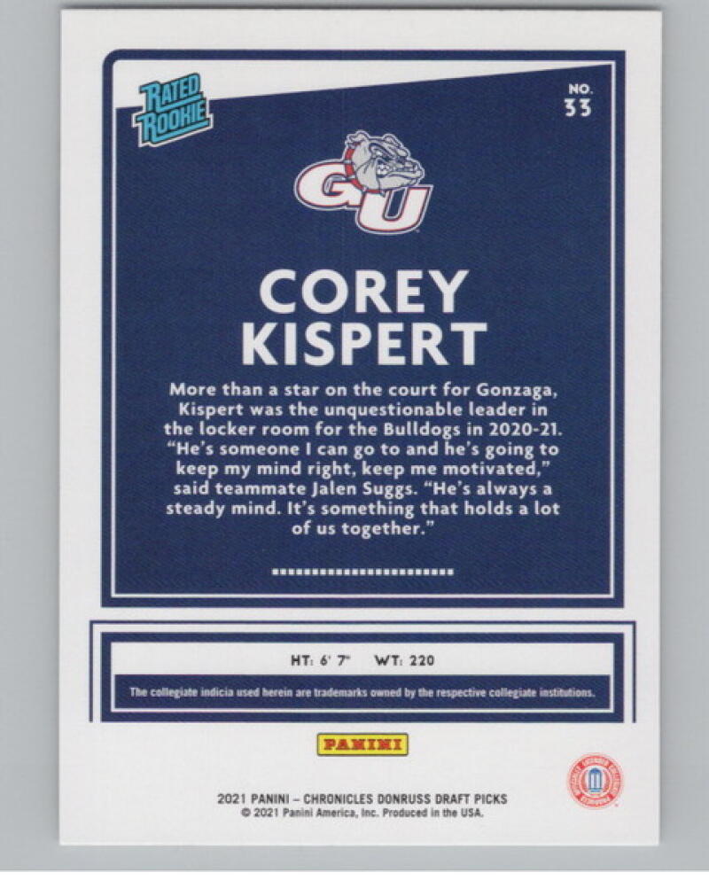 2021-22 Panini Chronicles Donruss Draft Picks #33 Corey Kispert Rookie V105119 Image 2