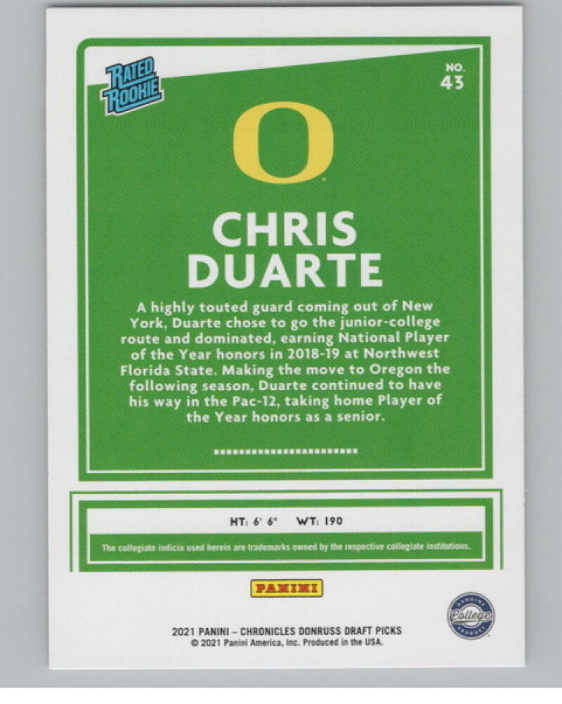 2021-22 Panini Chronicles Donruss Draft Picks #43 Chris Duarte Rookie V105126 Image 2