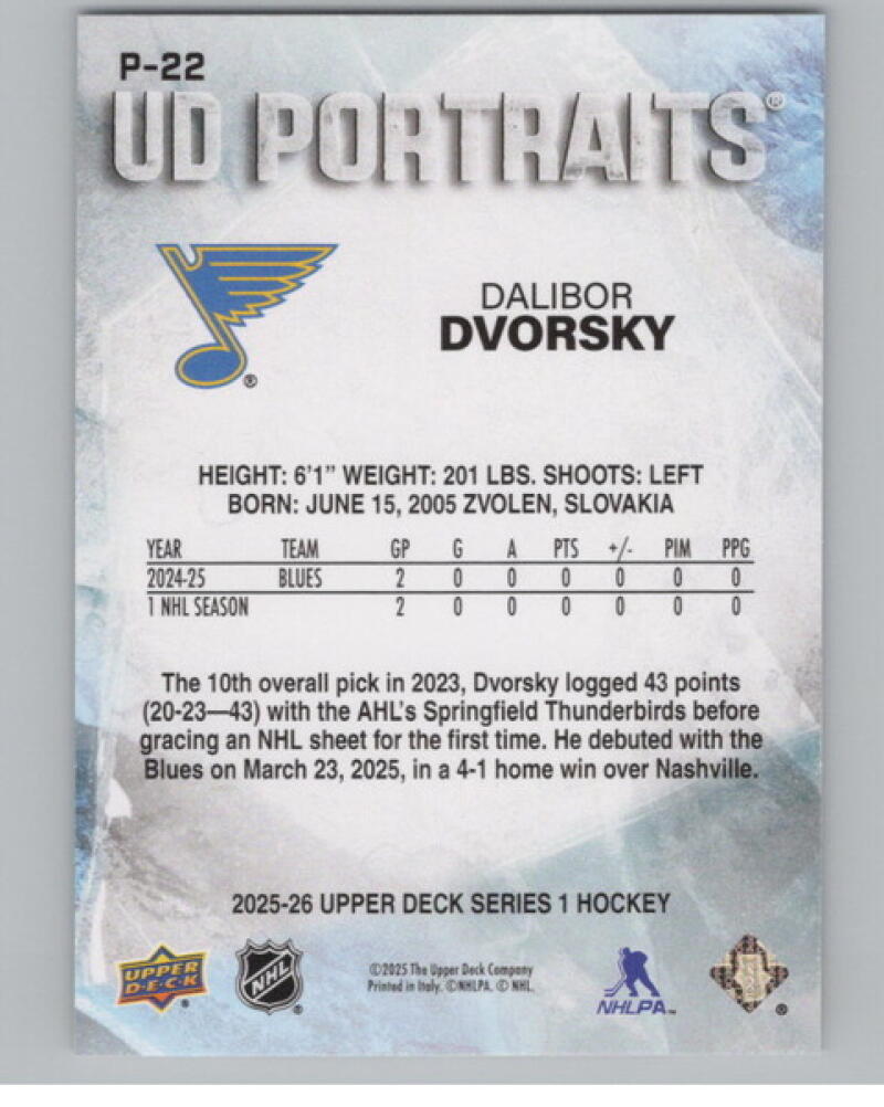 2025-26 Upper Deck UD Portraits #P22 Dalibor Dvorsky Hockey V105150 Image 2