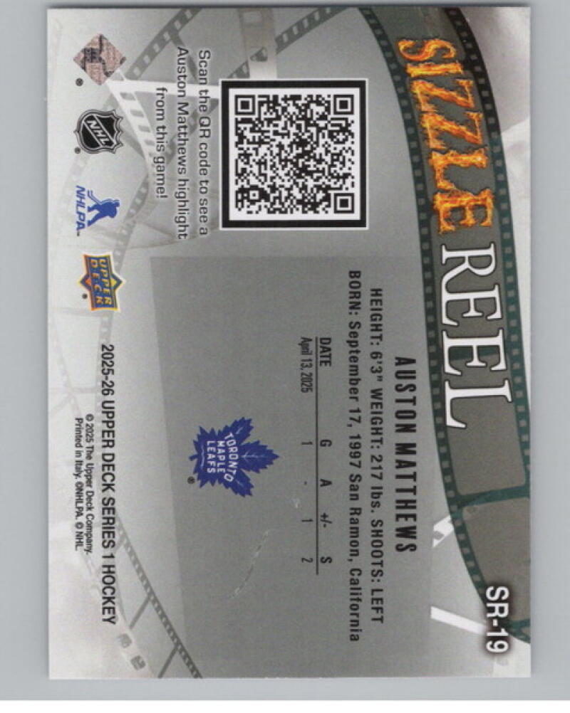 2025-26 Upper Deck Sizzle Reel #SR19 Auston Matthews Hockey V105152 Image 2