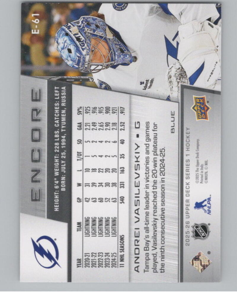 2025-26 Upper Deck Encore Blue #E61 Andrei Vasilevskiy Hockey V105154 Image 2