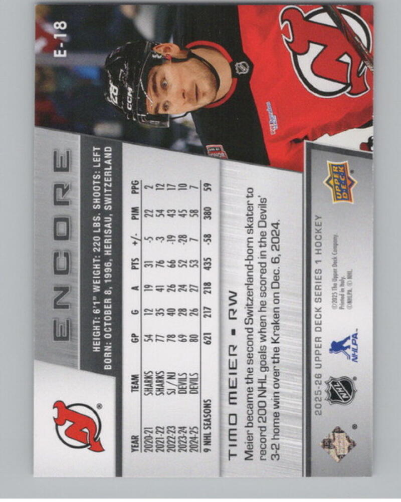 2025-26 Upper Deck Encore #E18 Timo Meier Hockey V105156 Image 2