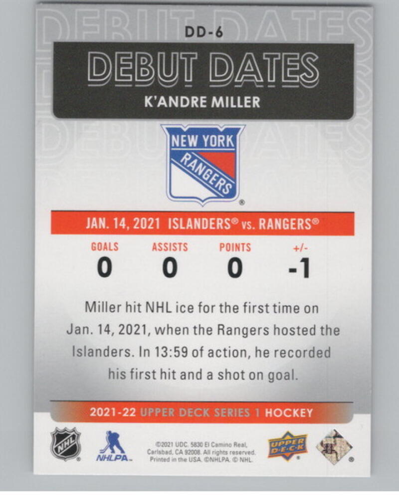 2021-22 Upper Deck Debut Dates #DD6 K'Andre Miller Hockey V105196 Image 2