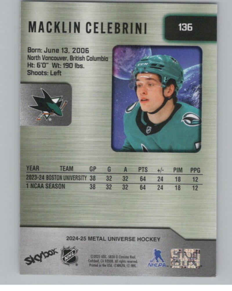 2024-25 Metal Universe #136 Macklin Celebrini Rookie RC Hockey V105207 Image 2