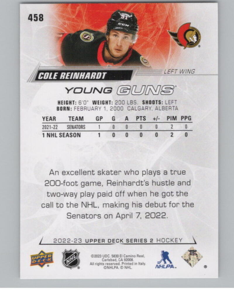 2022-23 Upper Deck #458 Cole Reinhardt Young Guns Rookie RC YG V105218 Image 2