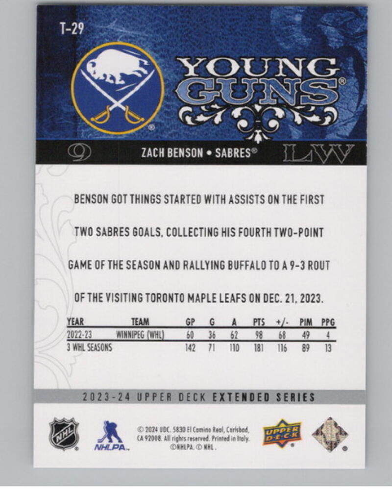 2023-24 Upper Deck '08-09 Upper Deck Retro #T29 Zach Benson Rookie RC YG V105219 Image 2